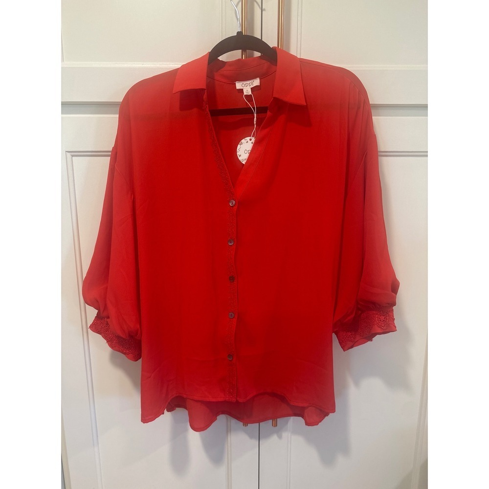 ODDI Red Blouse Top Size M Button Down Long Bishop Sleeve Crochet Trim